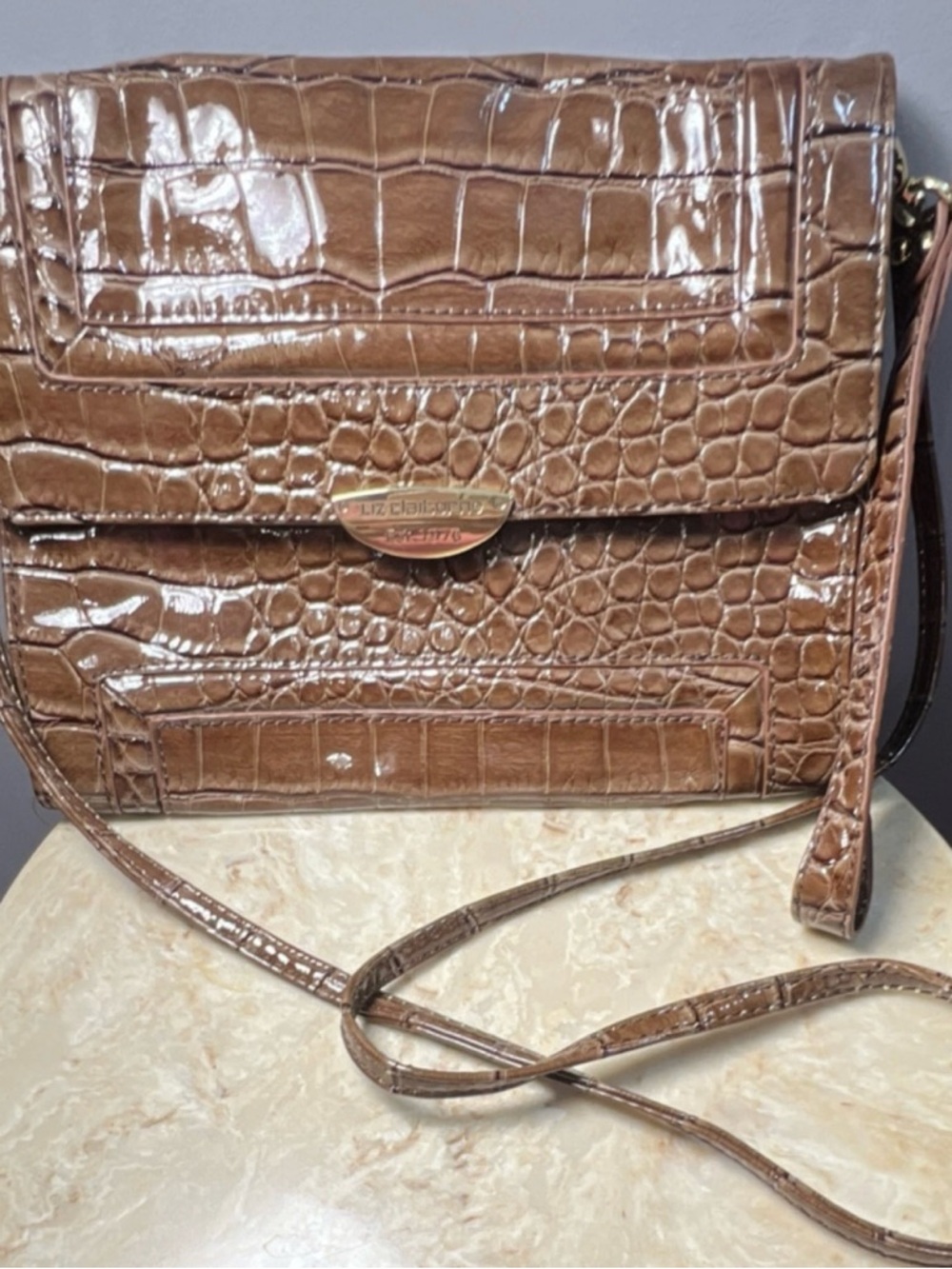 Liz Claiborne Brown Croc-Embossed Leather Crossbody Purse
